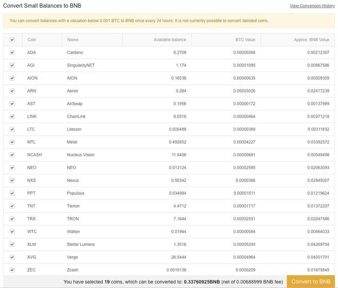 Seinen Dust auf Binance umtauschen