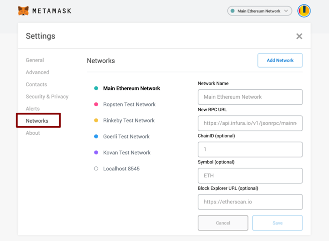 Networks (Ağlar) menüsü.