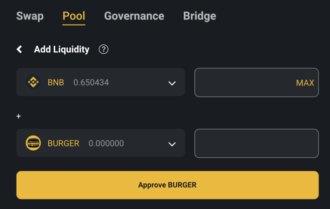 Adding liquidity to BurgerSwap