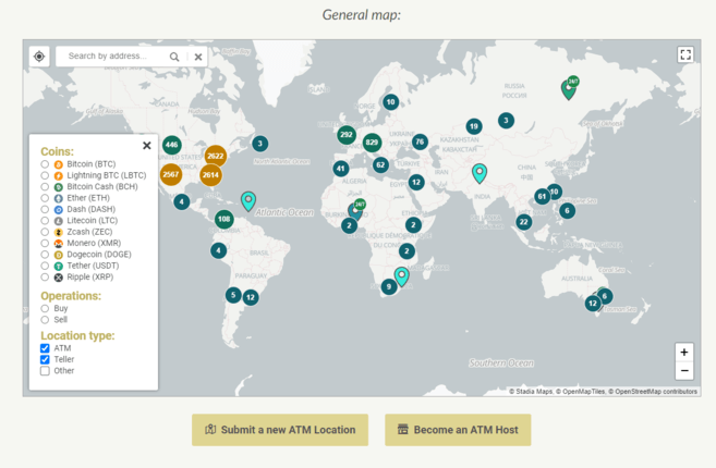 Carte des ATM de Bitcoin